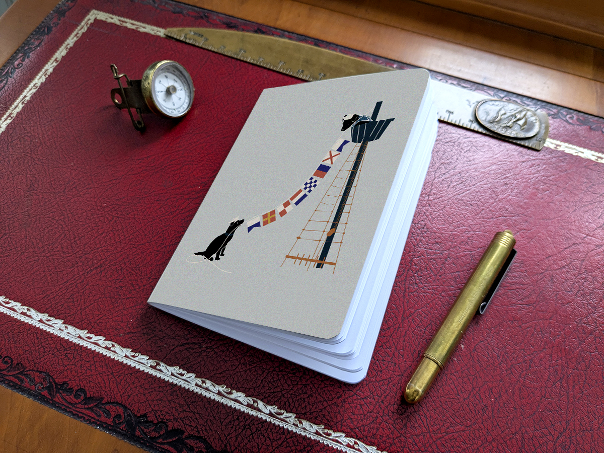 Notebook with illustration of two dogs hanging nautical flags