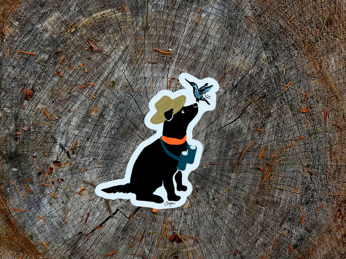 Sticker of a black dog with a hat and binoculars on a wooden surface