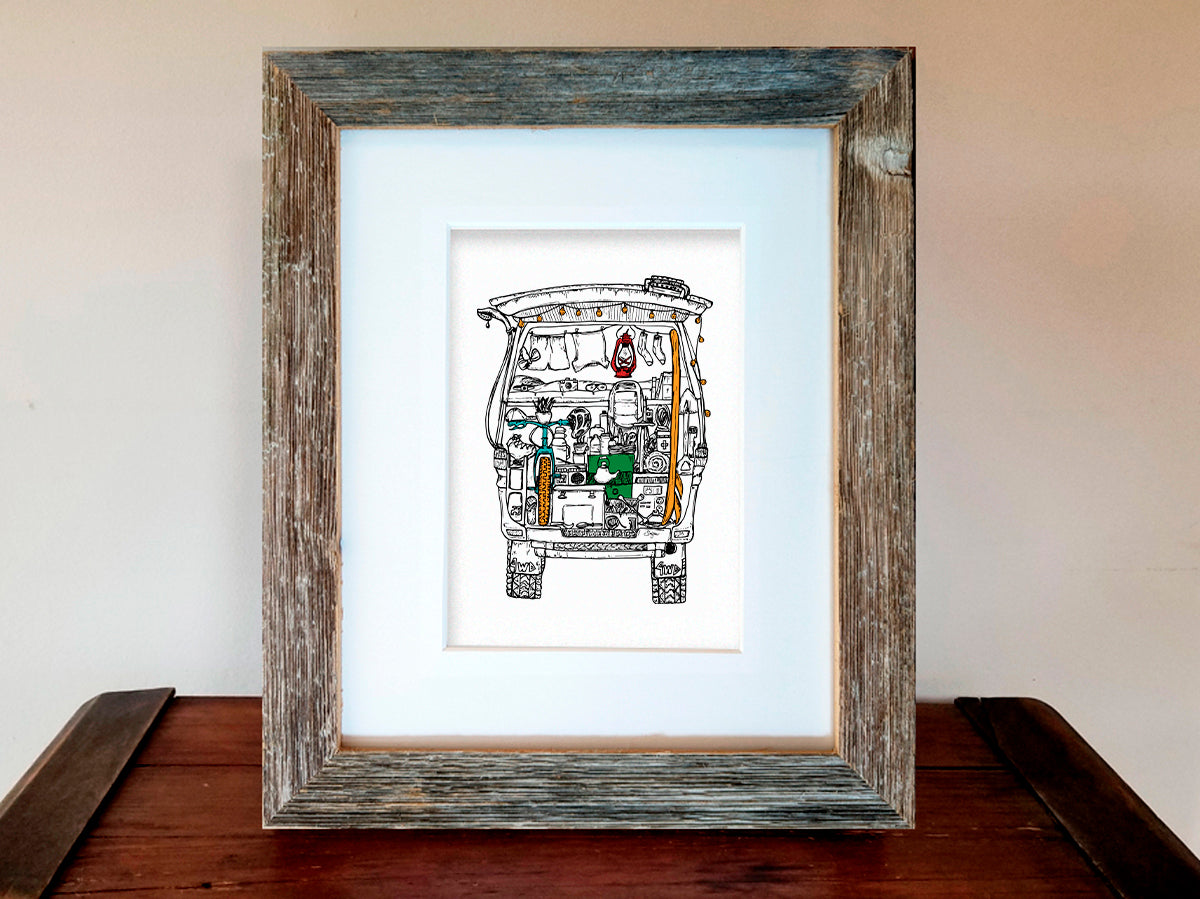 Framed illustration of a camper van filled with gear.