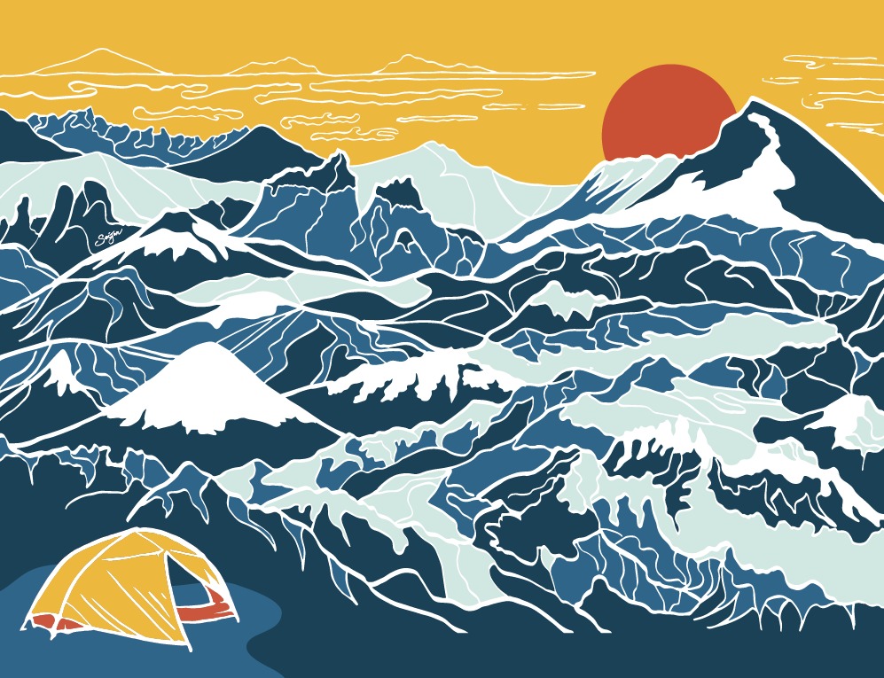 illustration mountains with a red sun and tent
