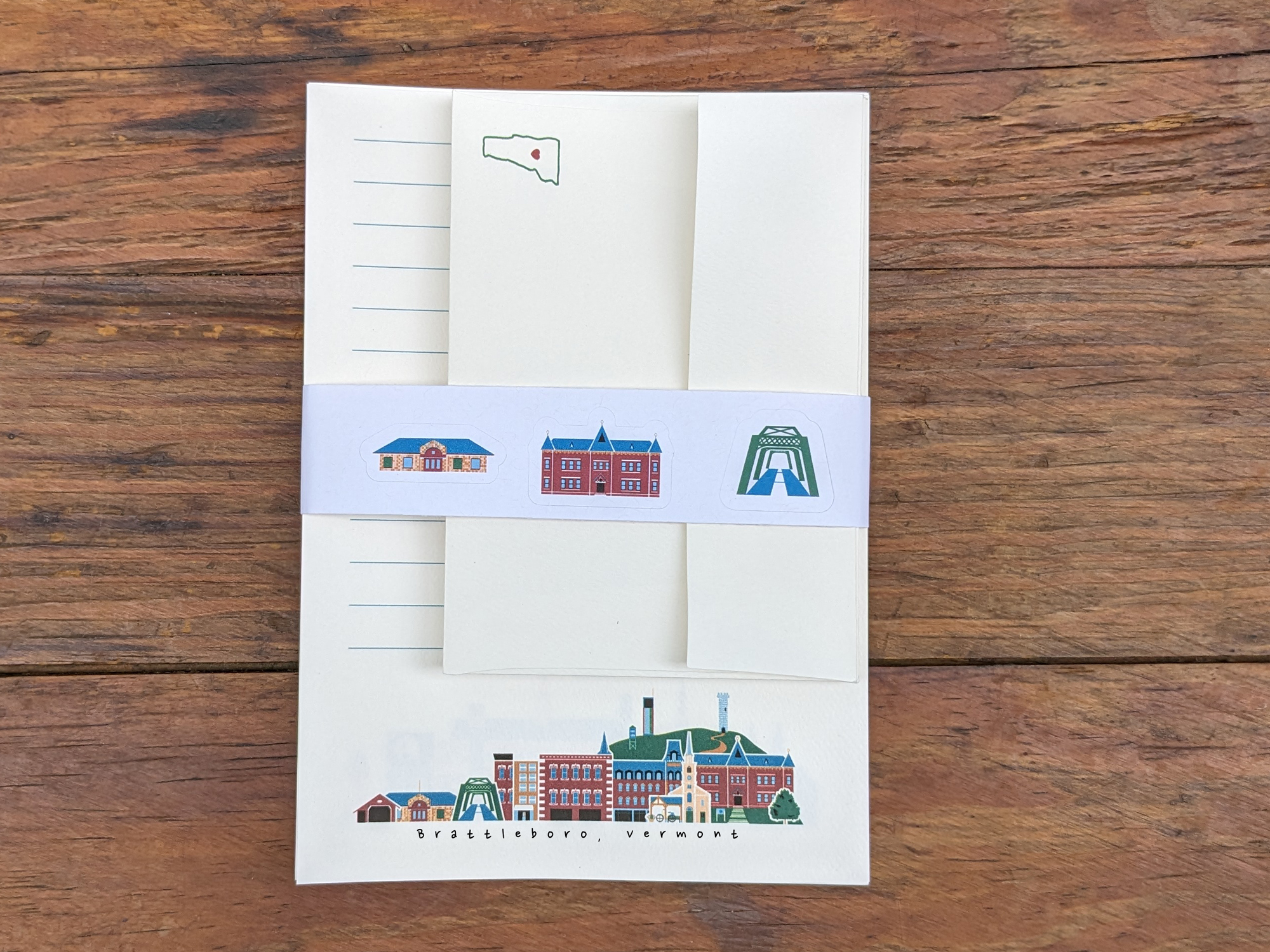 Brattleboro | stationery Set | 12 Sheets Paper + 6 Envelopes + Stickers