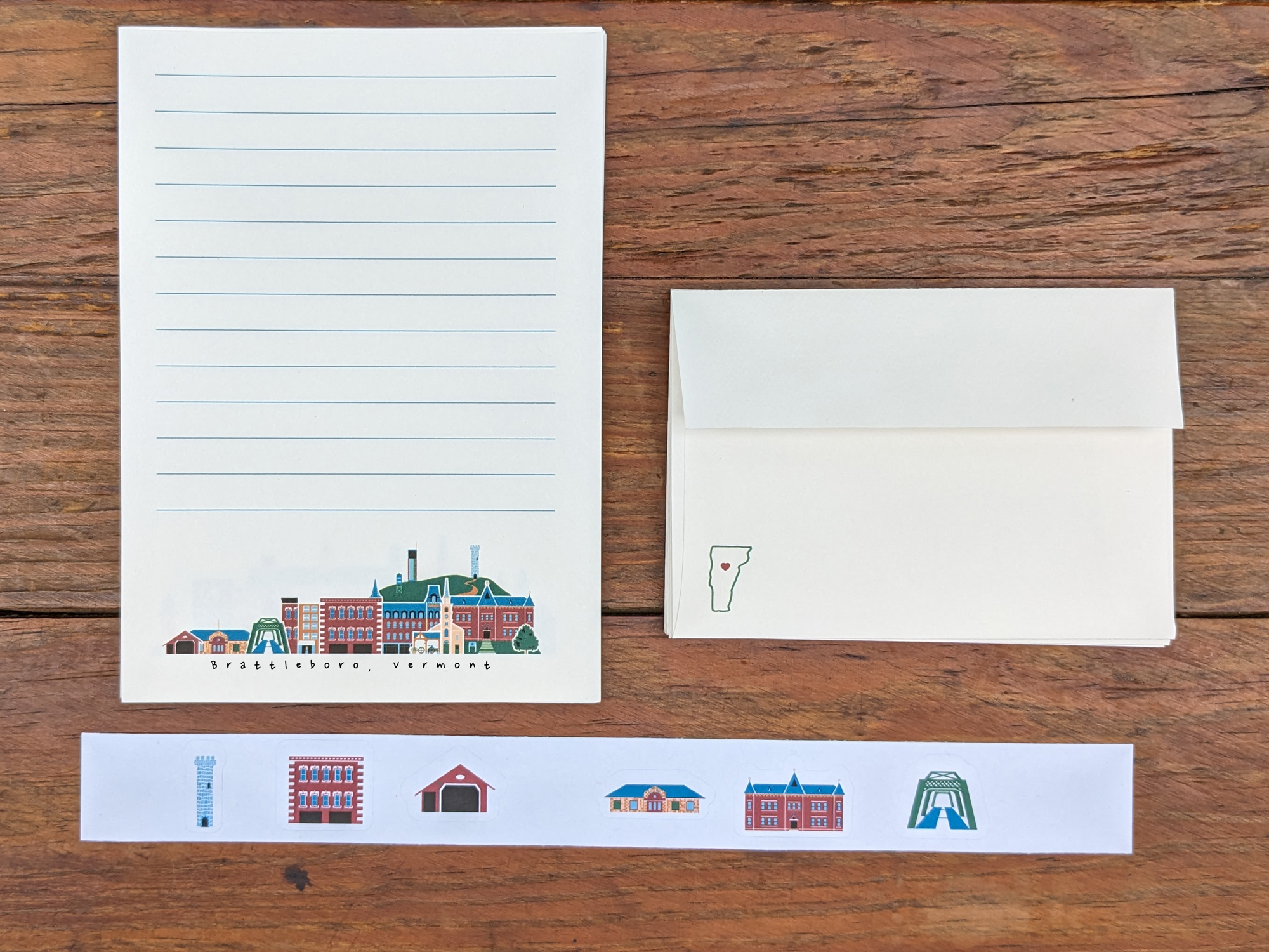 Brattleboro | stationery Set | 12 Sheets Paper + 6 Envelopes + Stickers