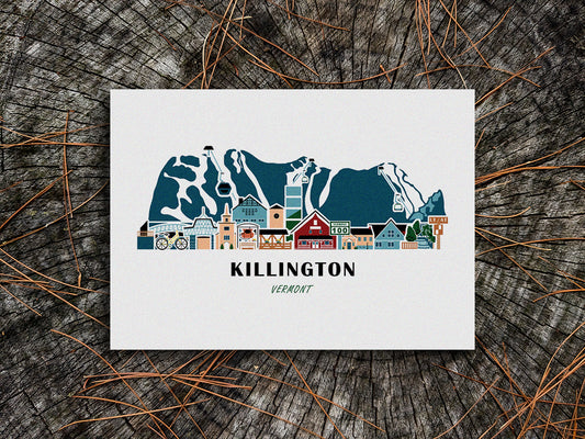 Art print of buildings arranged in a skyline with the text Killington Vermont