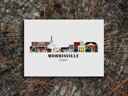 Art print of buildings arranged in a skyline with the text Morrisville Vermont