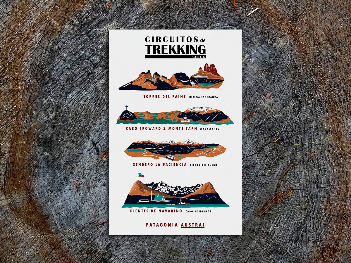 Vertical poster with landscape ridgeline illustrations of four mountains/treks. Poster title reads Circuitos de Trekking Chile, Patagonia Austral. And the four featured treks listed are Torres del Paine Última Esperanza, Cabo Froward & Monte Tarn Magallanes, Sendero La Paciencia Tierra del Fuego, and Dientes de Navarino Cabo de Hornos.