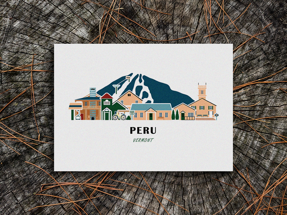 Art print of buildings arranged in a skyline with the text Peru Vermont