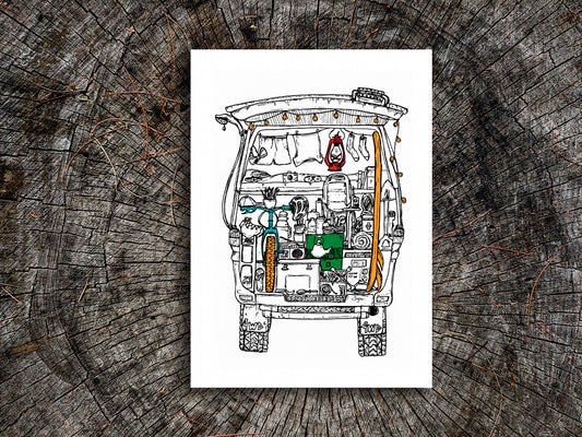 Illustration of a camper van filled with gear on a wood surface.