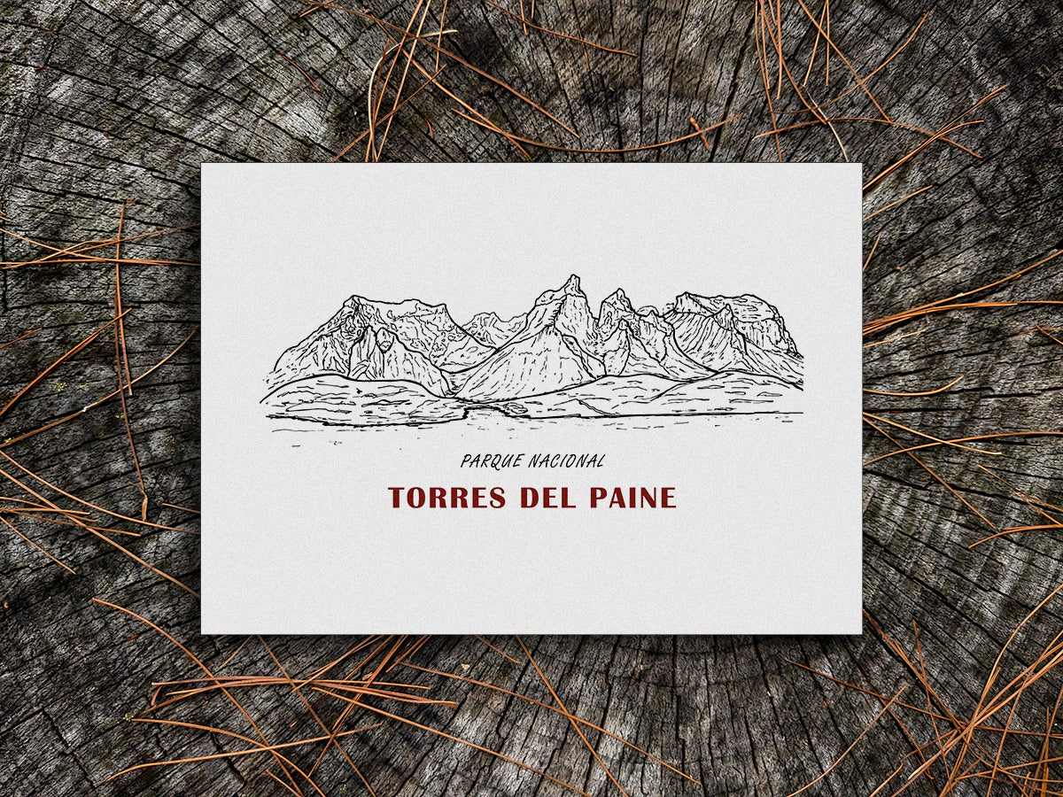 Art print of black and white mountains and the text Parque Nacional Torres del Paine