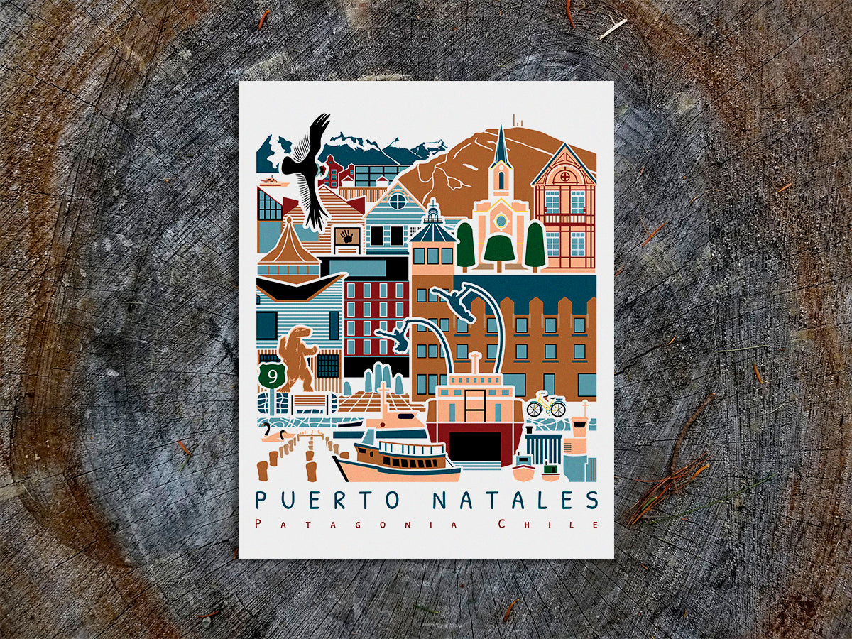 Vertical poster with buildings and landmarks in a stacked arrangement with the text Puerto Natales Patagonia Chile.