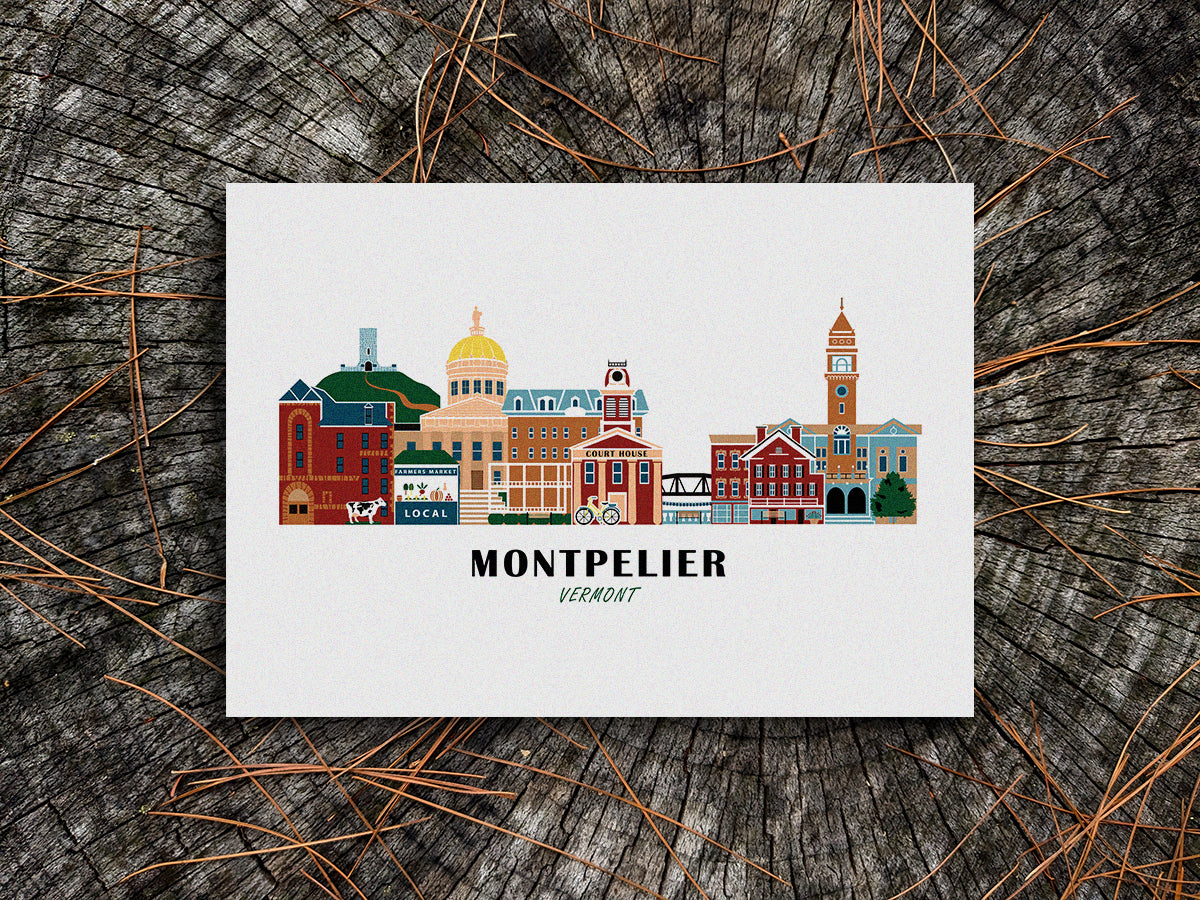 Art print of buildings arranged in a skyline with the text Montpelier Vermont