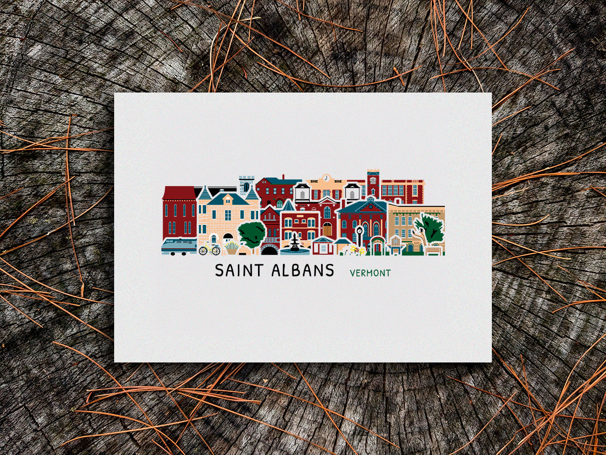 Print featuring buildings of Saint Albans Vermont arranged in a cityscape