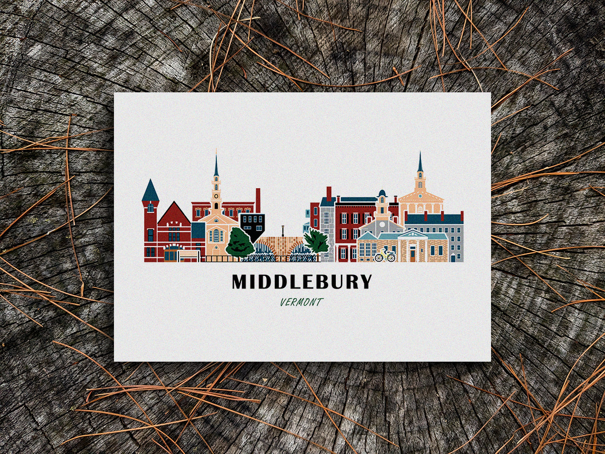 Art print of buildings arranged in a skyline with the text Middlebury Vermont
