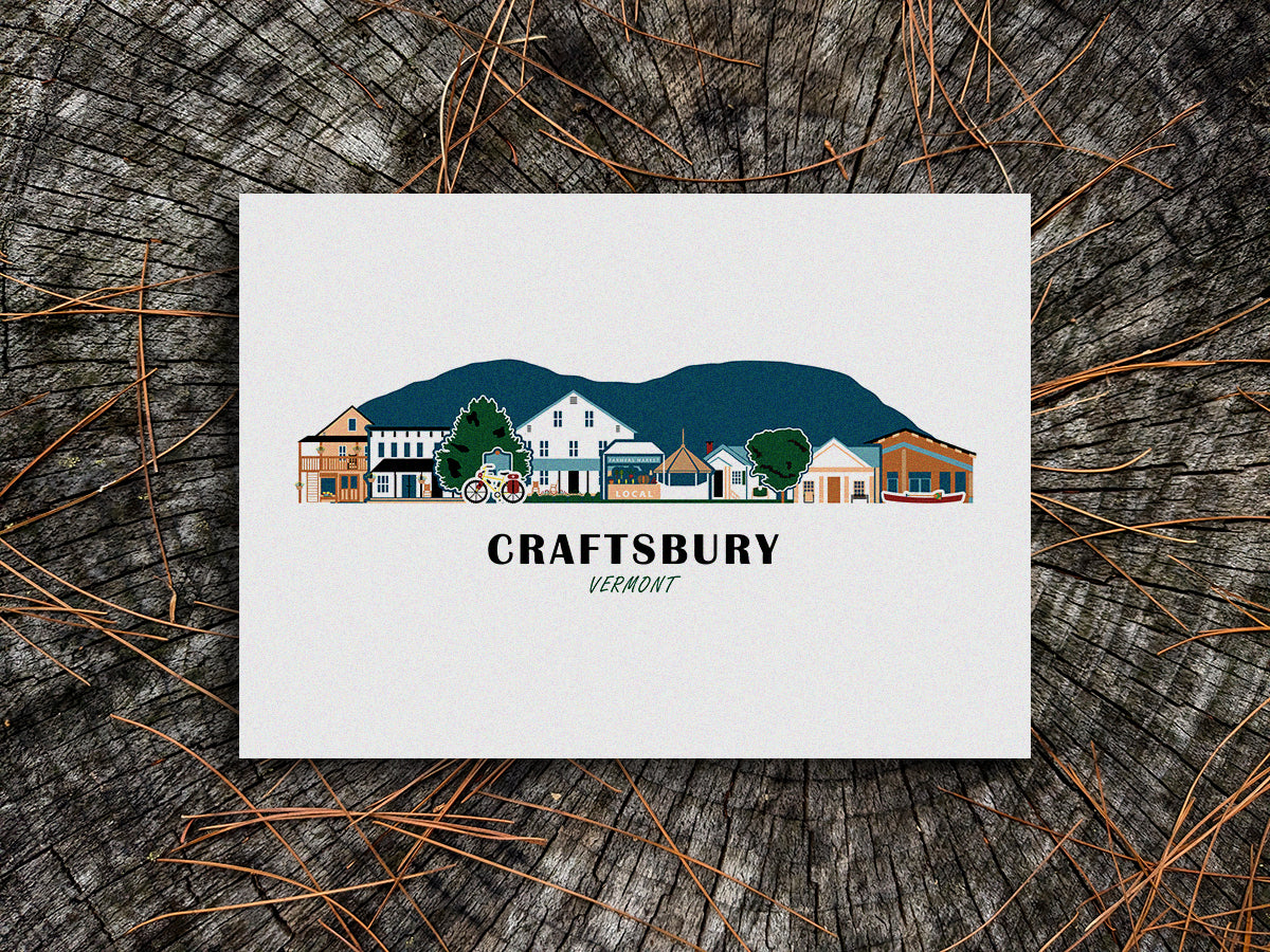 Art print of buildings arranged in a skyline with the text Craftsbury Vermont