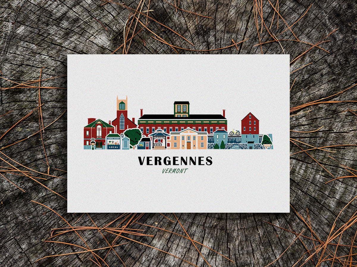 Art print of buildings arranged in a skyline with the text Vergennes Vermont
