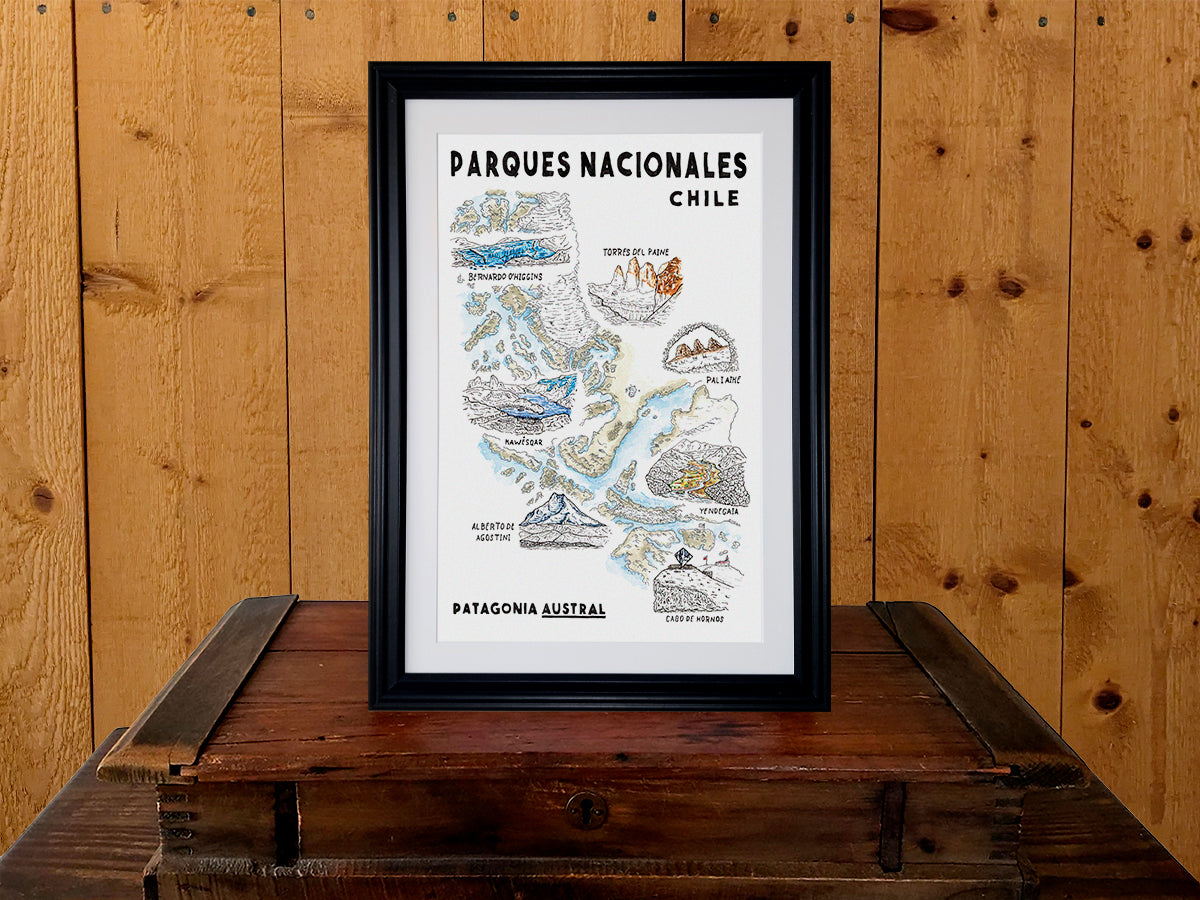 Framed vertical poster featuring an ink illustrated map of southern Chile with the national parks colored with watercolor. Poster title reads Parques Nacionales Chile, Patagonia Austral.