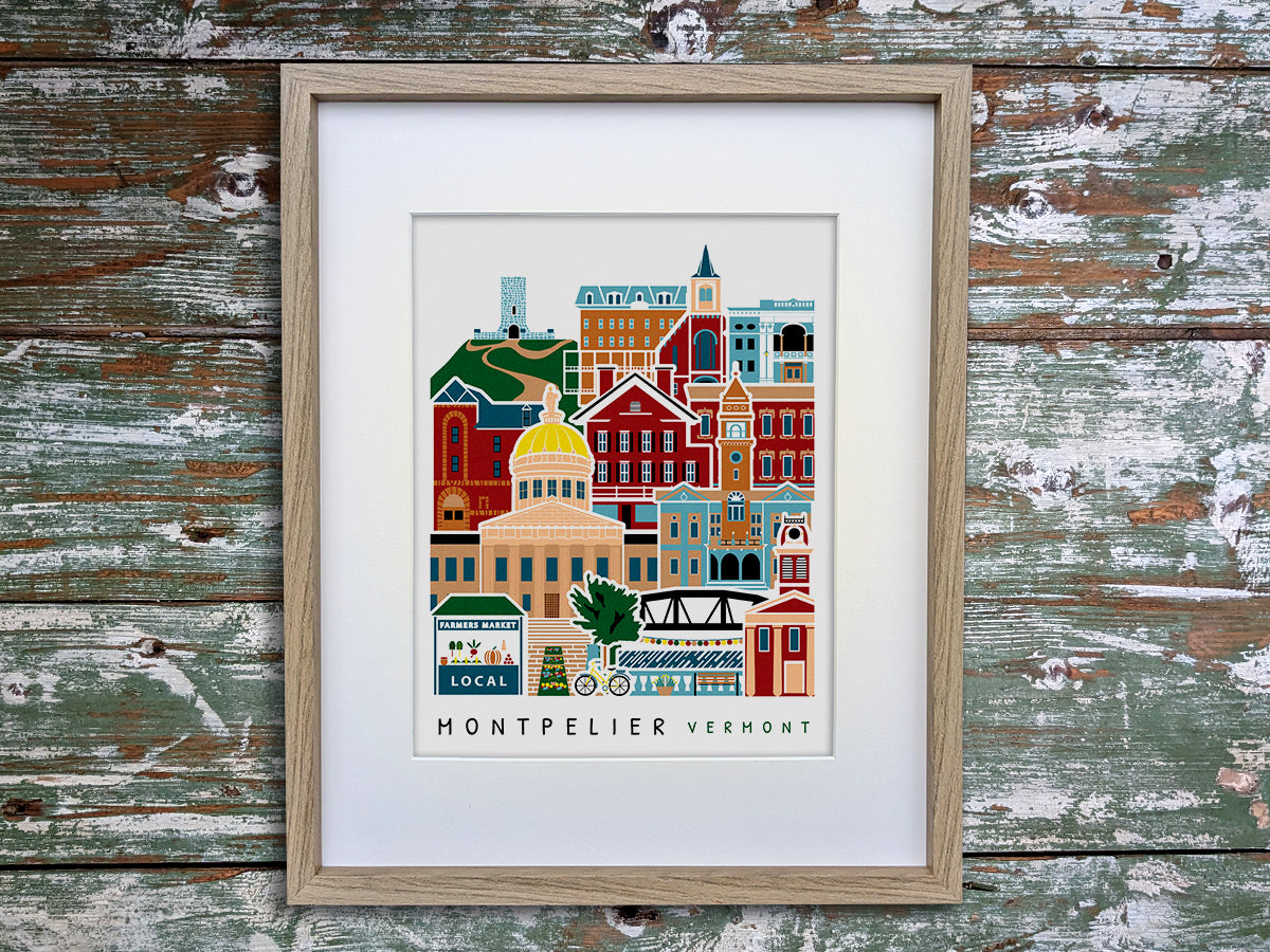Framed vertical poster with buildings and landmarks in a stacked arrangement with the text Montpelier Vermont.