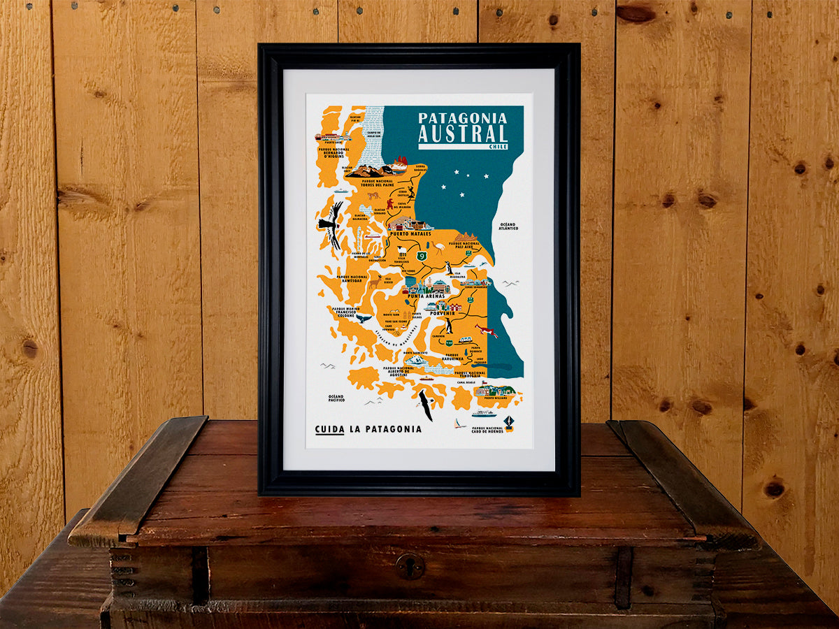 Framed vertical poster featuring a blue and yellow map of southern Chile with landmarks, towns and fauna. Poster title reads Patagonia Chile, Cuida La Patagonia.