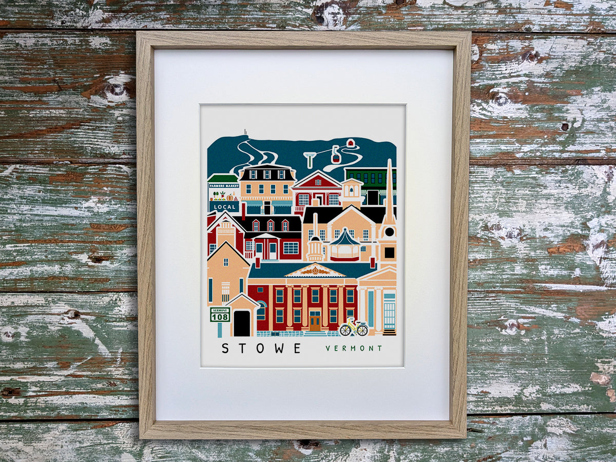 Framed vertical poster with buildings and landmarks in a stacked arrangement with the text Stowe Vermont.