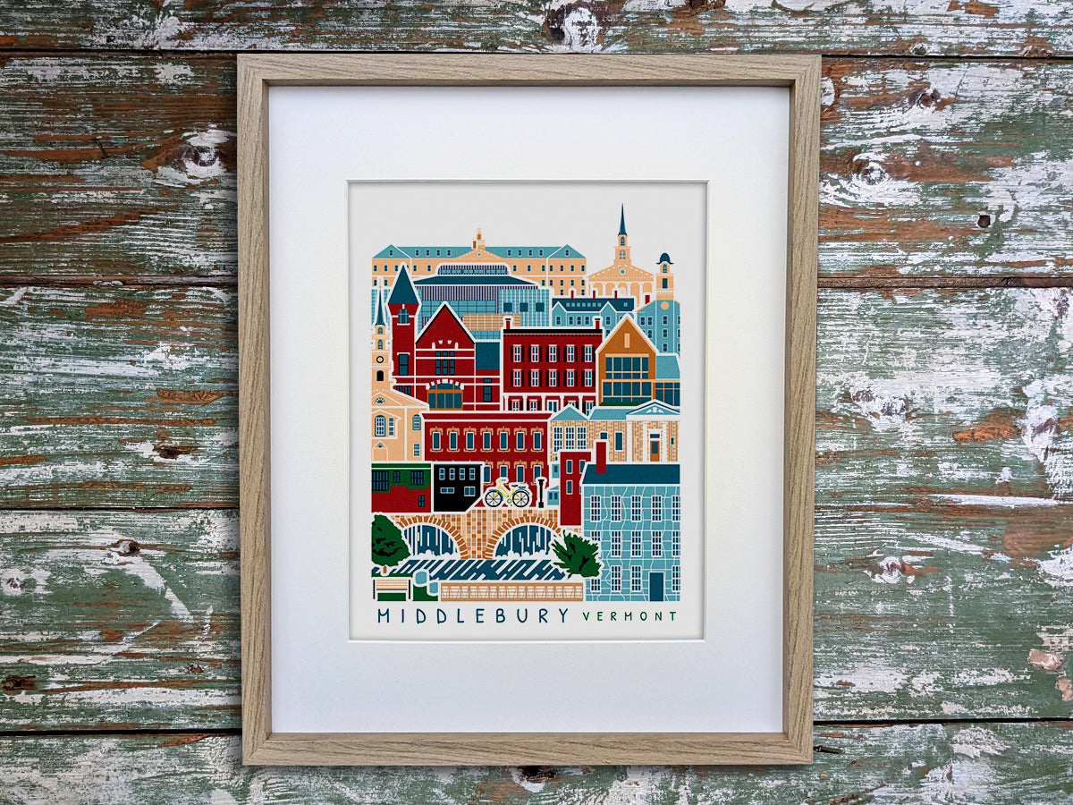 Framed vertical poster with buildings and landmarks in a stacked arrangement with the text Middlebury Vermont.
