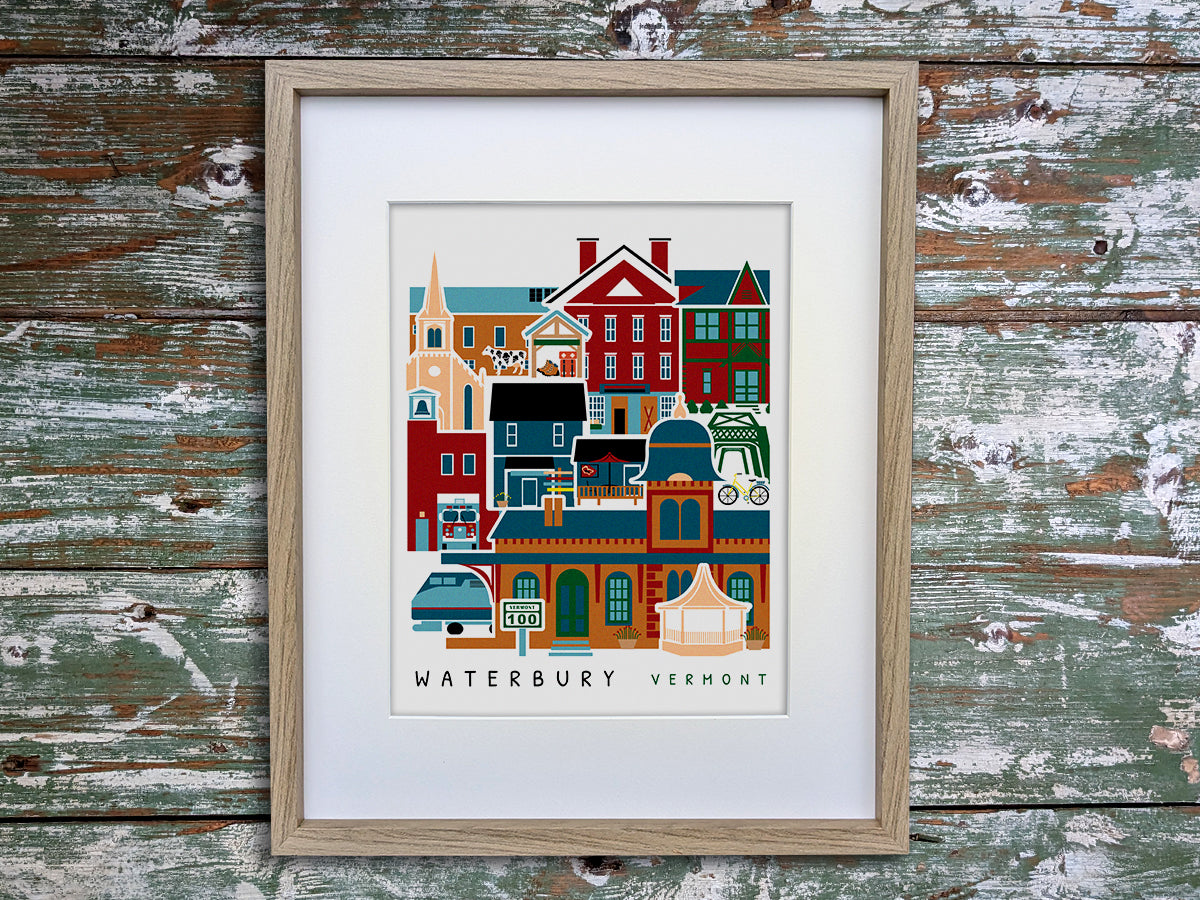 Framed vertical poster with buildings and landmarks in a stacked arrangement with the text Waterbury Vermont.