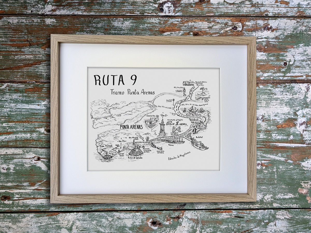 Framed black and white ink illustrated map with title Ruta 9 Tramo Punta Arenas of buildings, mountains and roads along scenic Route 9 of Patagonia Chile.