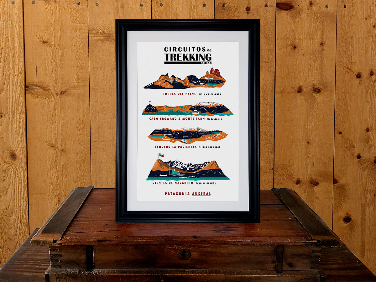 Framed vertical poster with landscape ridgeline illustrations of four mountains/treks. Poster title reads Circuitos de Trekking Chile, Patagonia Austral. And the four featured treks listed are Torres del Paine Última Esperanza, Cabo Froward & Monte Tarn Magallanes, Sendero La Paciencia Tierra del Fuego, and Dientes de Navarino Cabo de Hornos.
