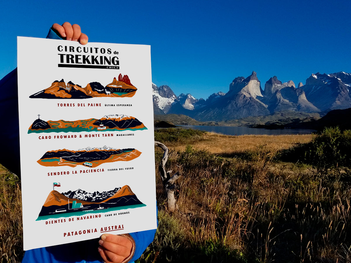 Vertical poster with landscape ridgeline illustrations of four mountains/treks. Poster title reads Circuitos de Trekking Chile, Patagonia Austral. And the four featured treks listed are Torres del Paine Última Esperanza, Cabo Froward & Monte Tarn Magallanes, Sendero La Paciencia Tierra del Fuego, and Dientes de Navarino Cabo de Hornos. In the background of the photo are the mountains of Torres del Paine National Park.