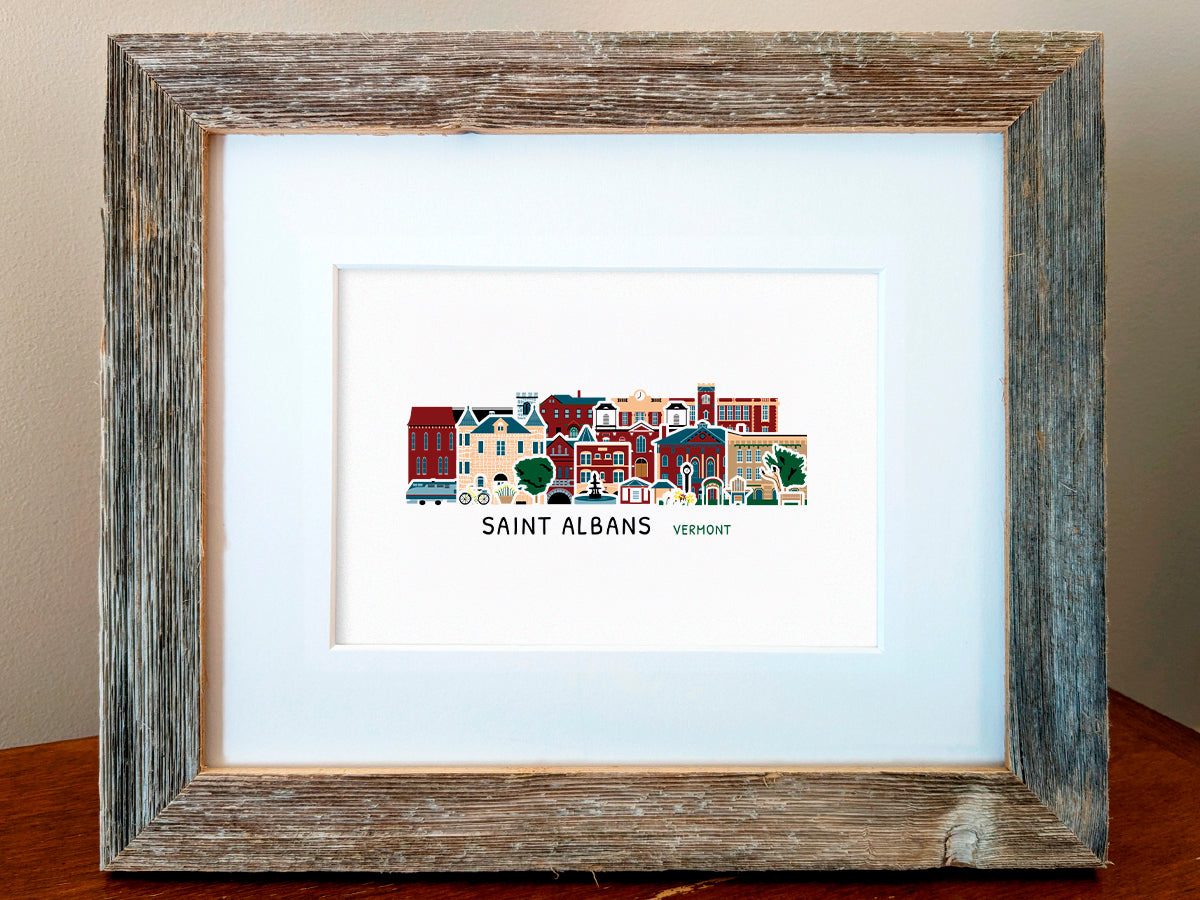 Framed print featuring buildings of Saint Albans Vermont arranged in a cityscape