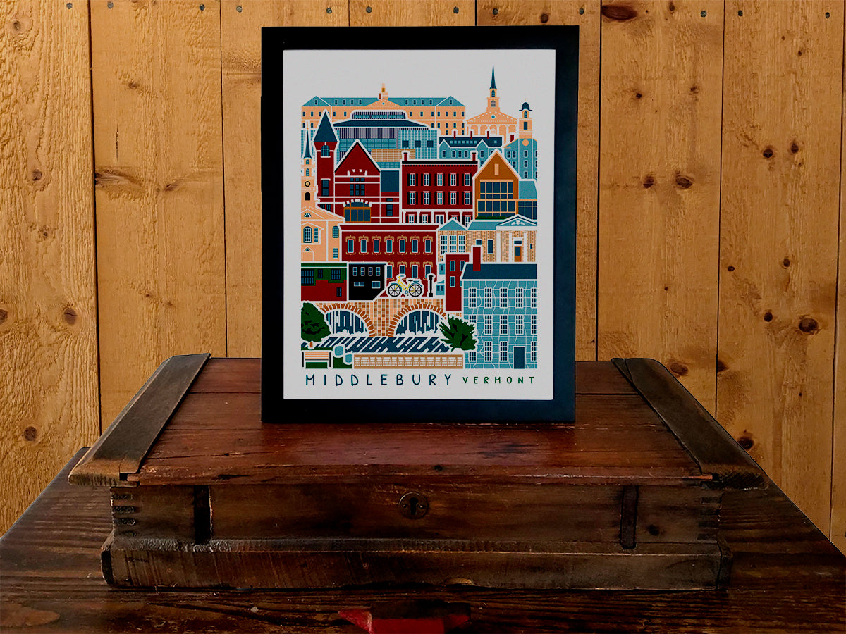 Framed vertical poster with buildings and landmarks in a stacked arrangement with the text Middlebury Vermont.
