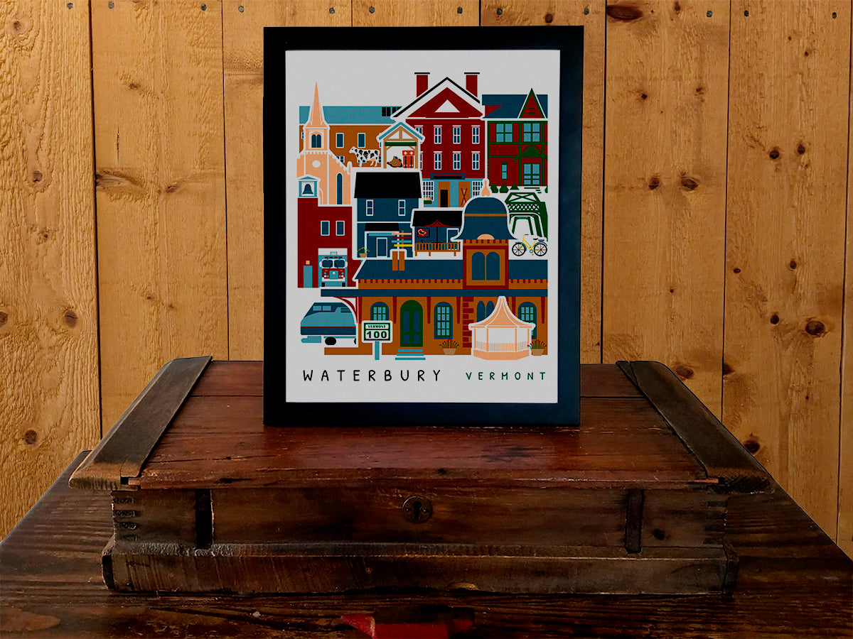 Framed vertical poster with buildings and landmarks in a stacked arrangement with the text Waterbury Vermont.