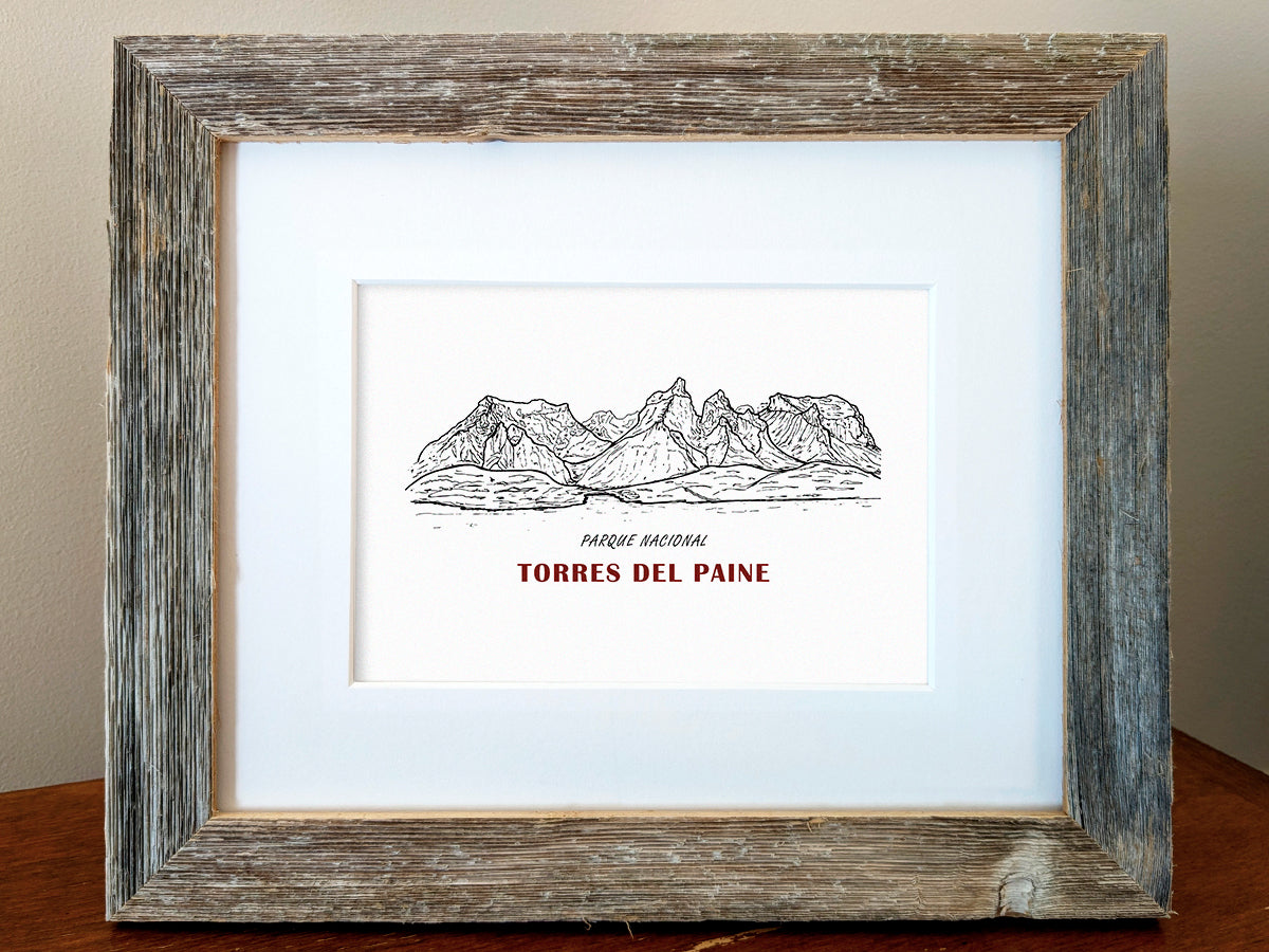 Framed art print of black and white mountains and the text Parque Nacional Torres del Paine