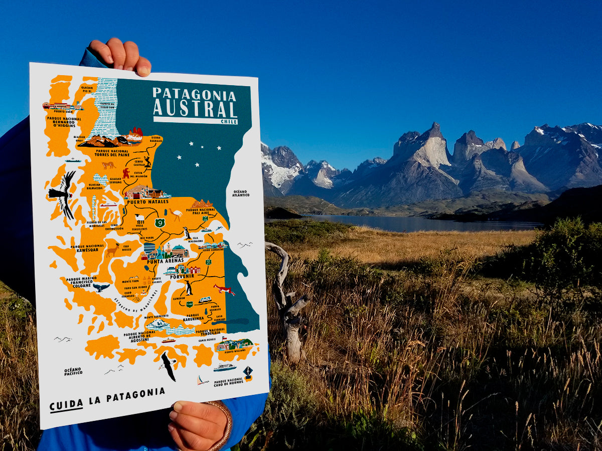 Vertical poster featuring a blue and yellow map of southern Chile with landmarks, towns and fauna. Poster title reads Patagonia Chile, Cuida La Patagonia. In the background of the photo are the mountains of Torres del Paine National Park.