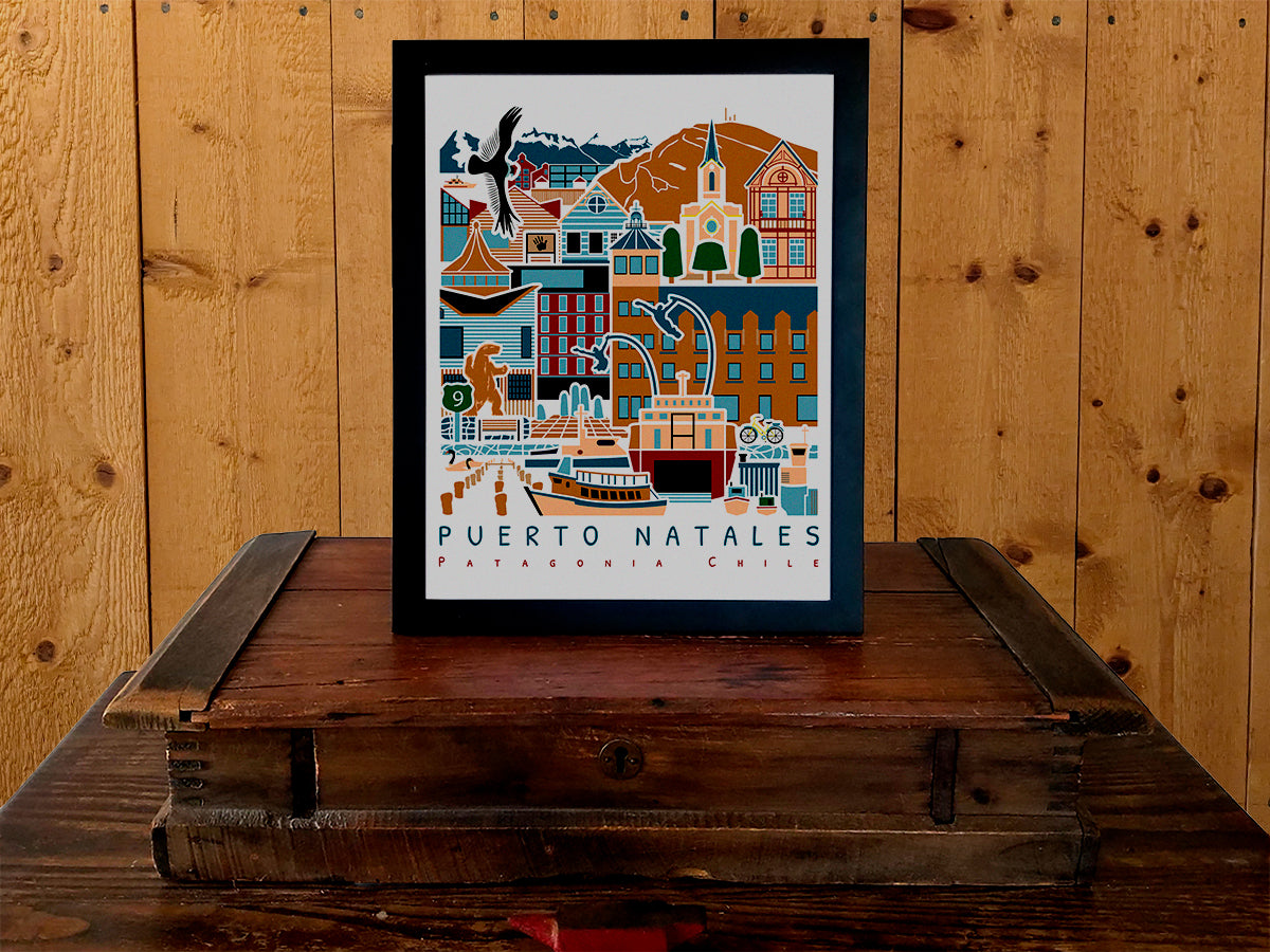 Framed vertical poster with buildings and landmarks in a stacked arrangement with the text Puerto Natales Patagonia Chile.