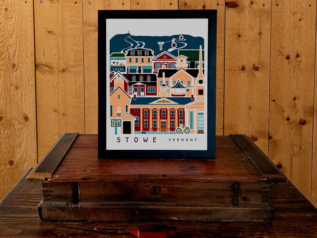 Framed vertical poster with buildings and landmarks in a stacked arrangement with the text Stowe Vermont.
