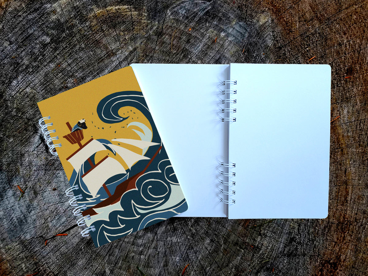 Notebook with illustration of ship sailing through large waves with dog onboard.